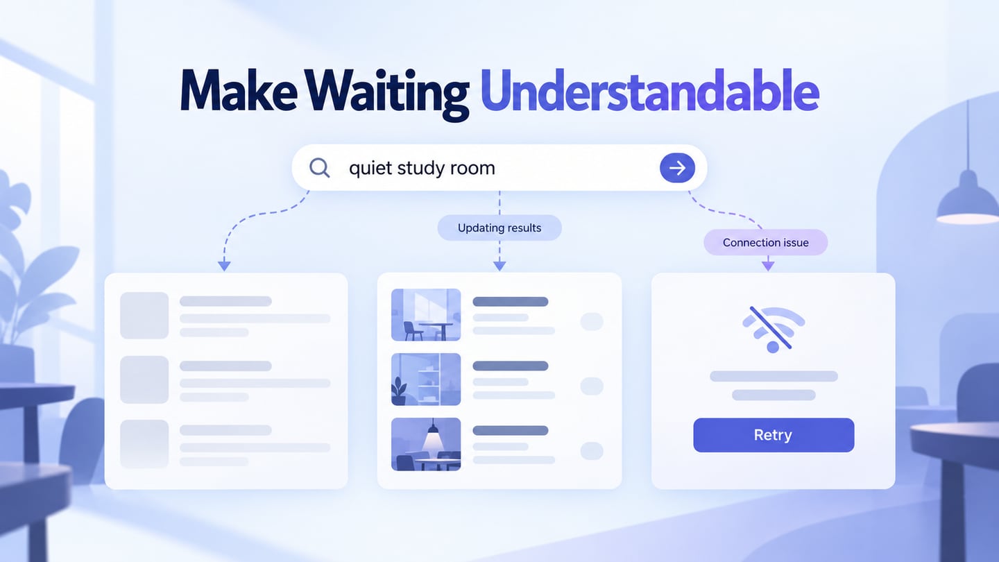 Search interface preserves the query through loading, results, and a retryable connection failure.