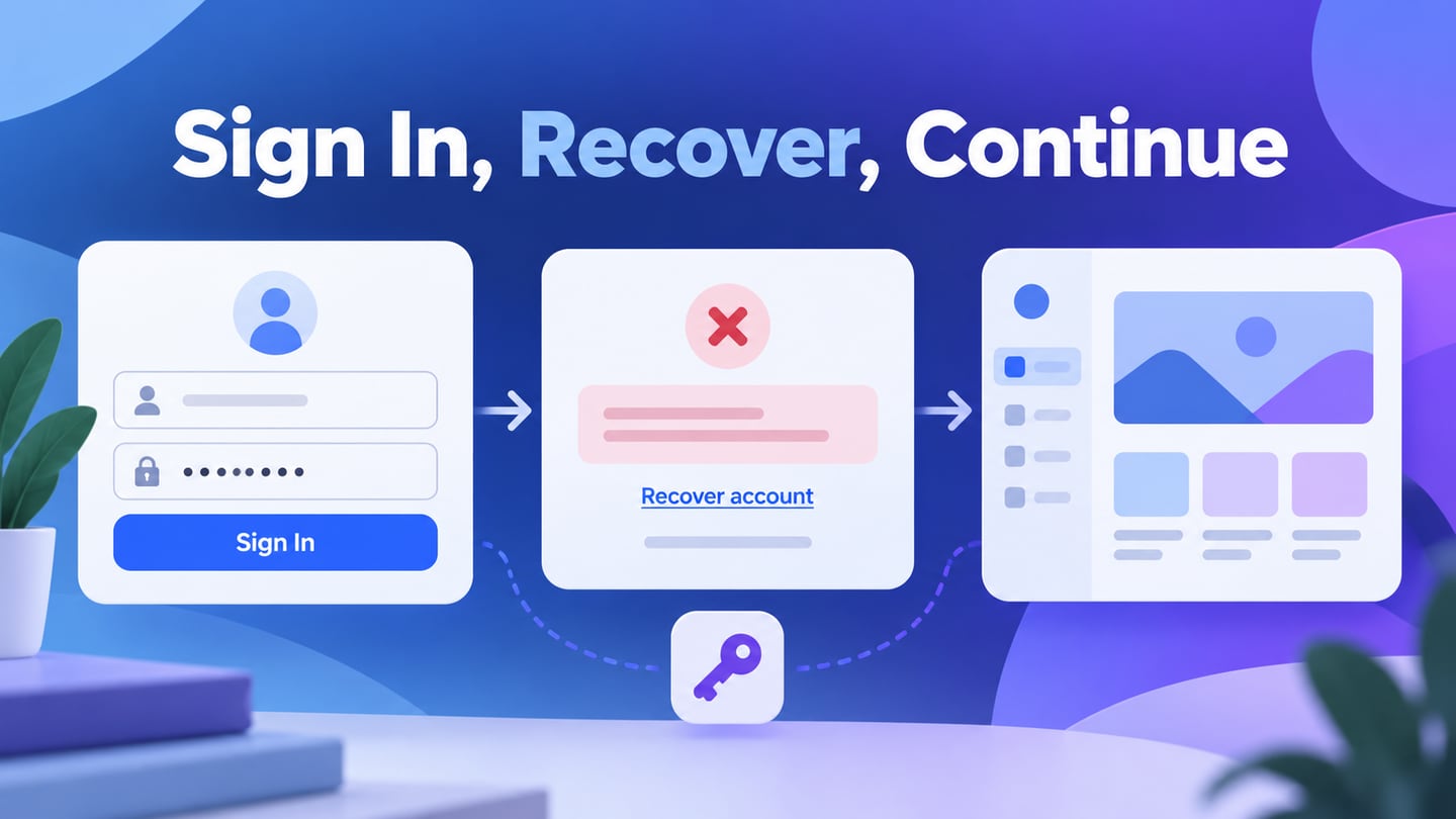 A login flow connecting credentials, recovery and the intended return destination