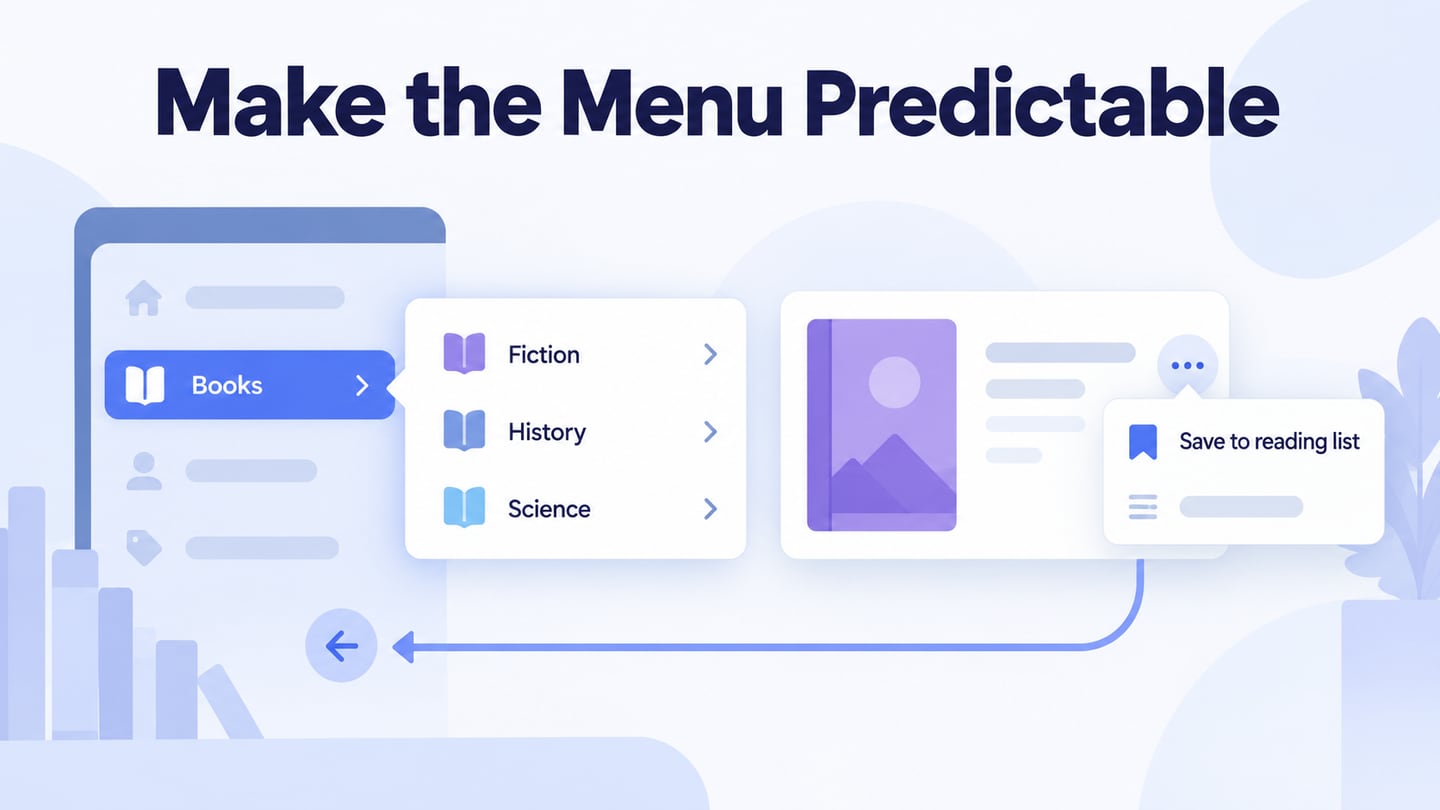 Navigation destinations and item actions are separated in a menu-design example.