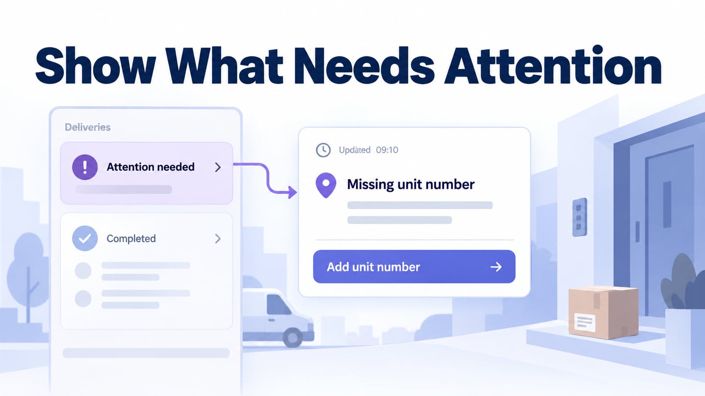 Mobile delivery dashboard leads from an attention-needed summary to a specific delivery issue.