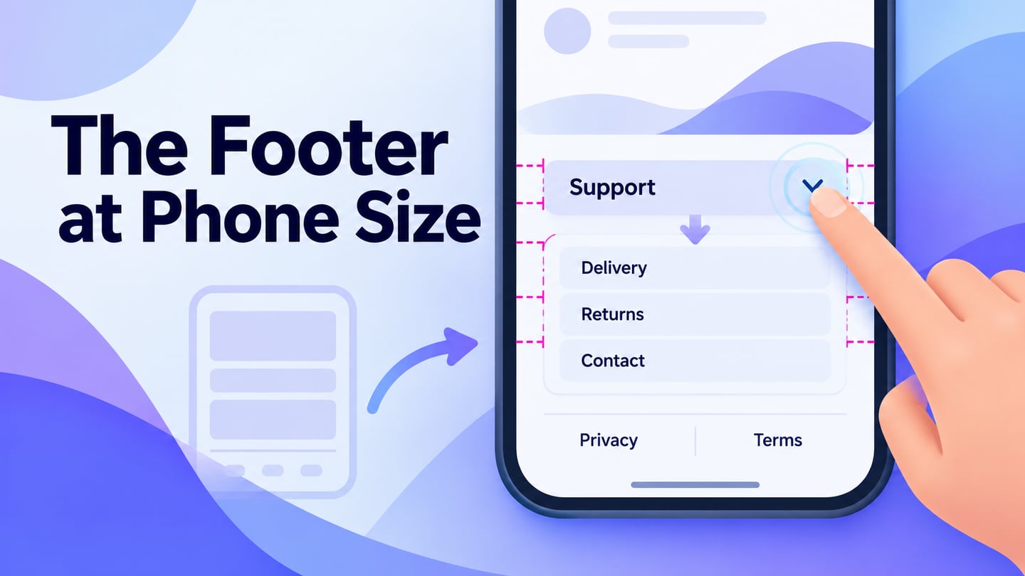A mobile footer with an expanded support group and visible policy links