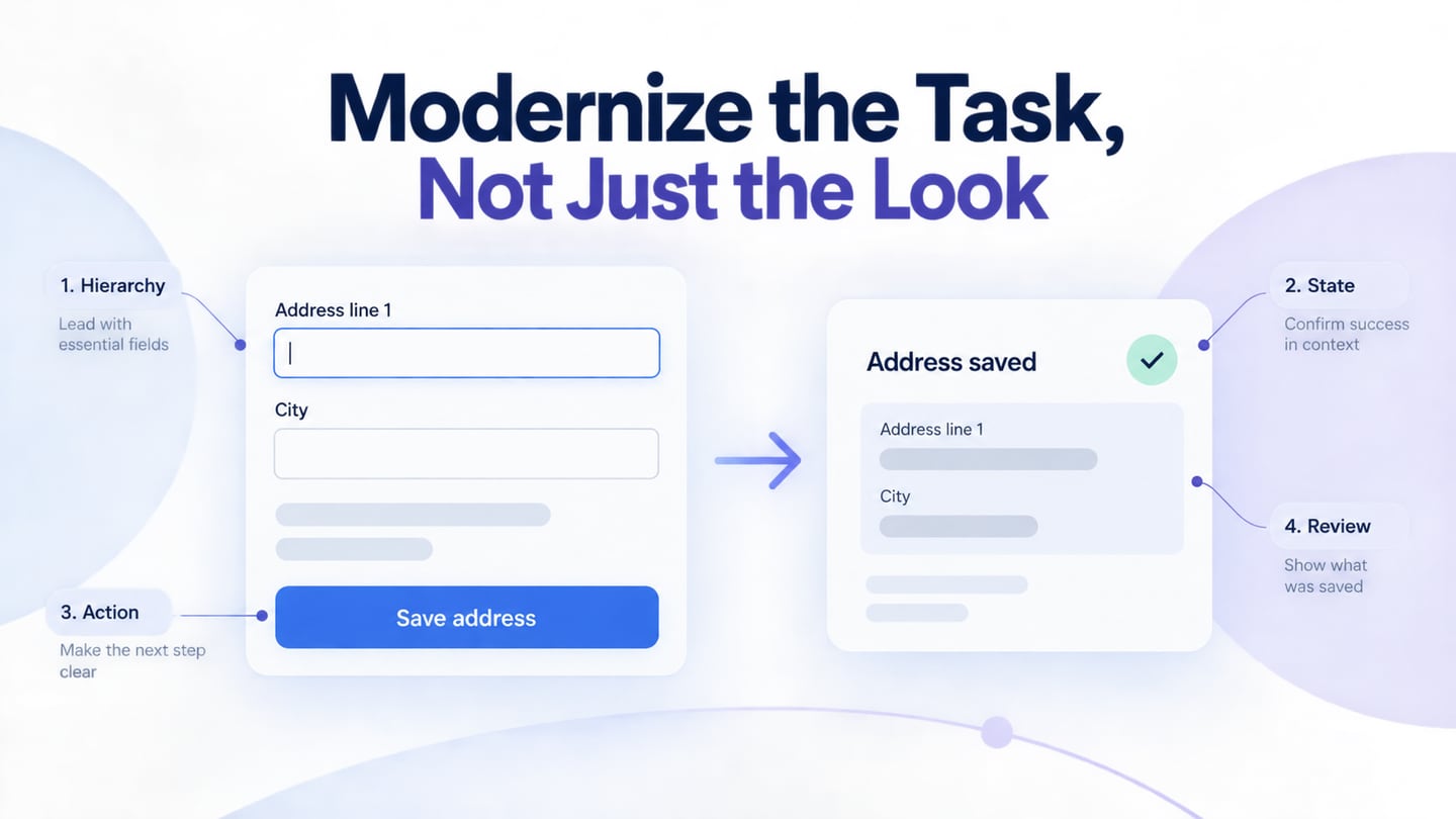 Address-editing workflow shows hierarchy and clear saved-state feedback as part of modern UI design.