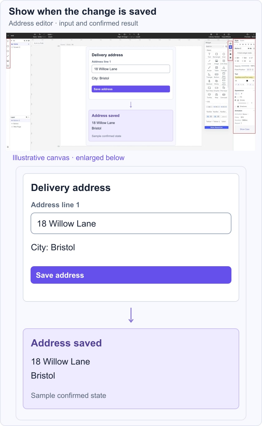 Illustrative address-editing design in a Mockitt guide workspace separates the form and Save address action from a confirmed saved summary.