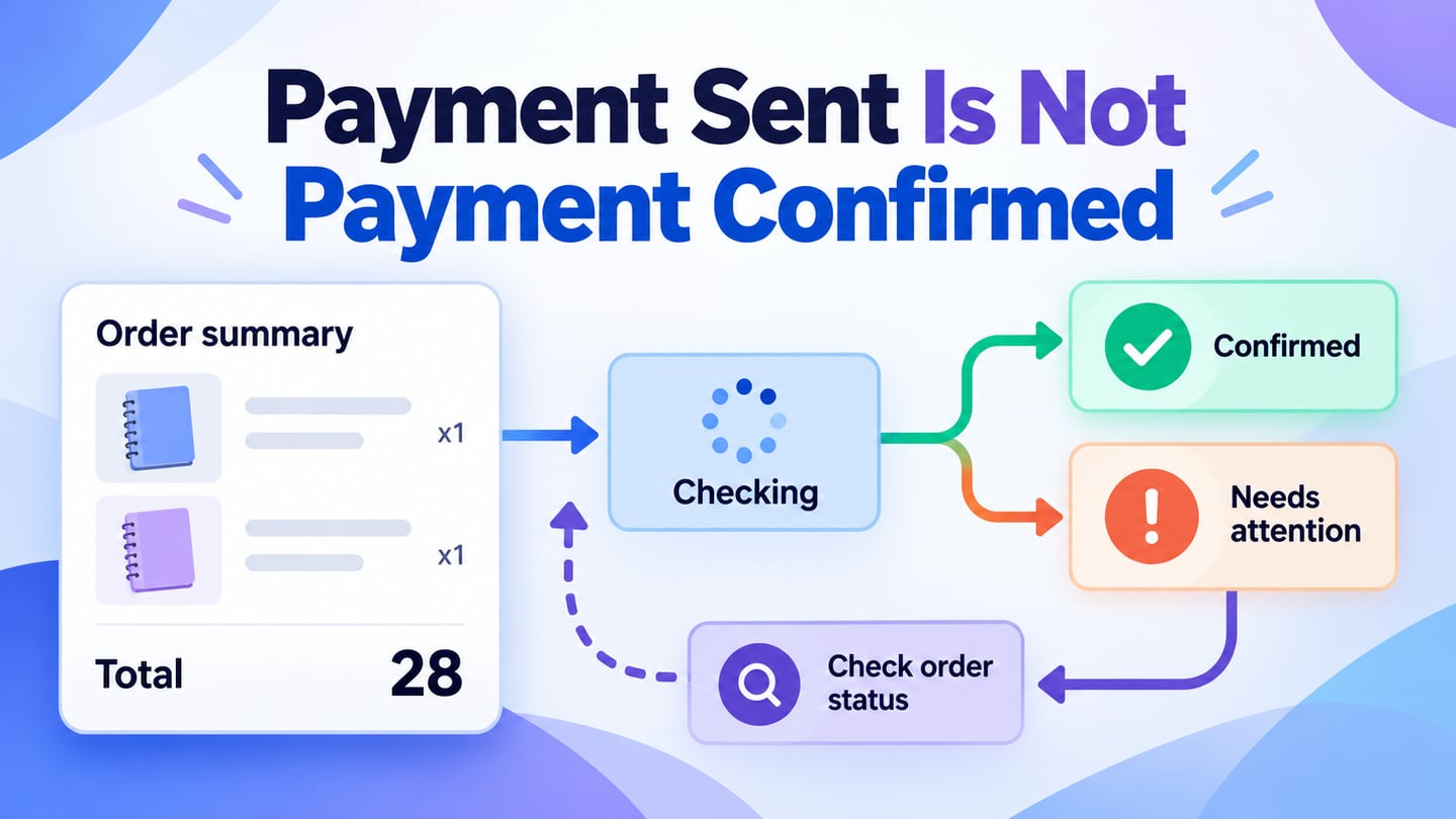 An order summary connected to checking, confirmed and recovery payment states