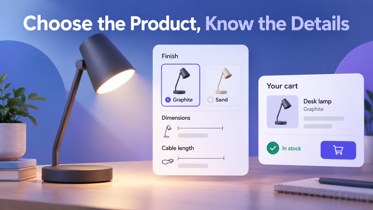 A product page connecting lamp details, finish selection and cart summary