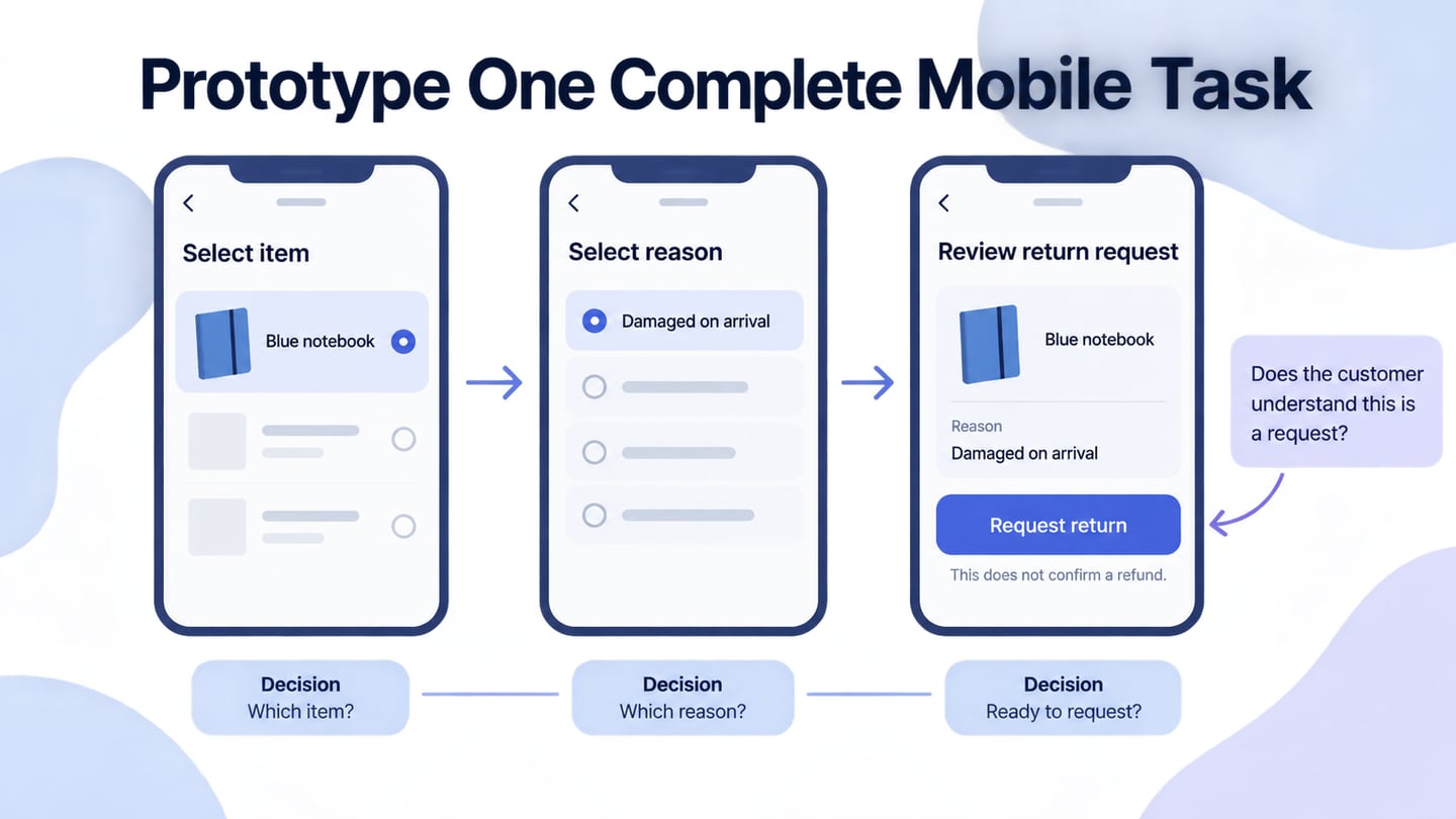 Mobile return-request prototype connects selection and reason to an accurately labeled review step.