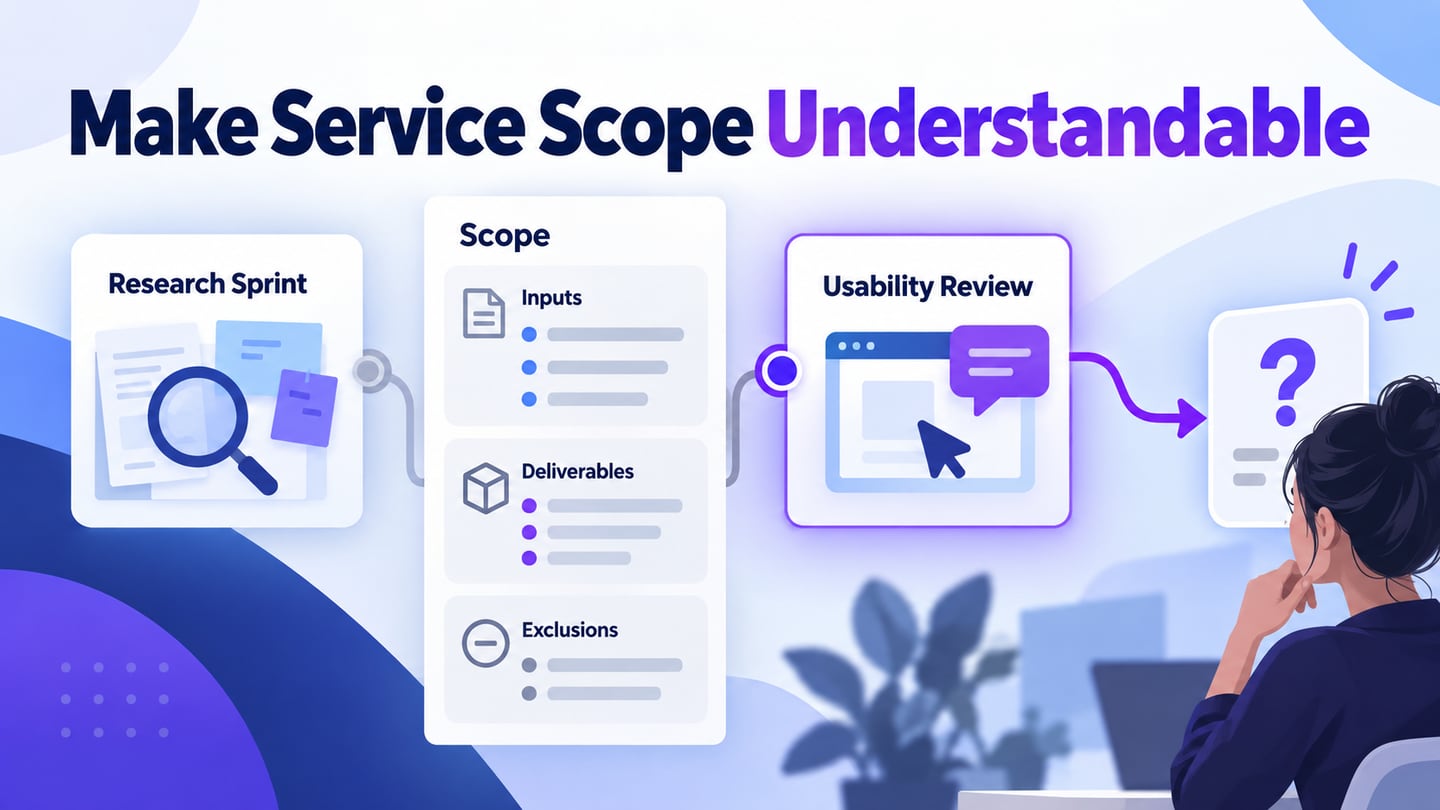 Service cards distinguish a research sprint from a usability review by scope and deliverables