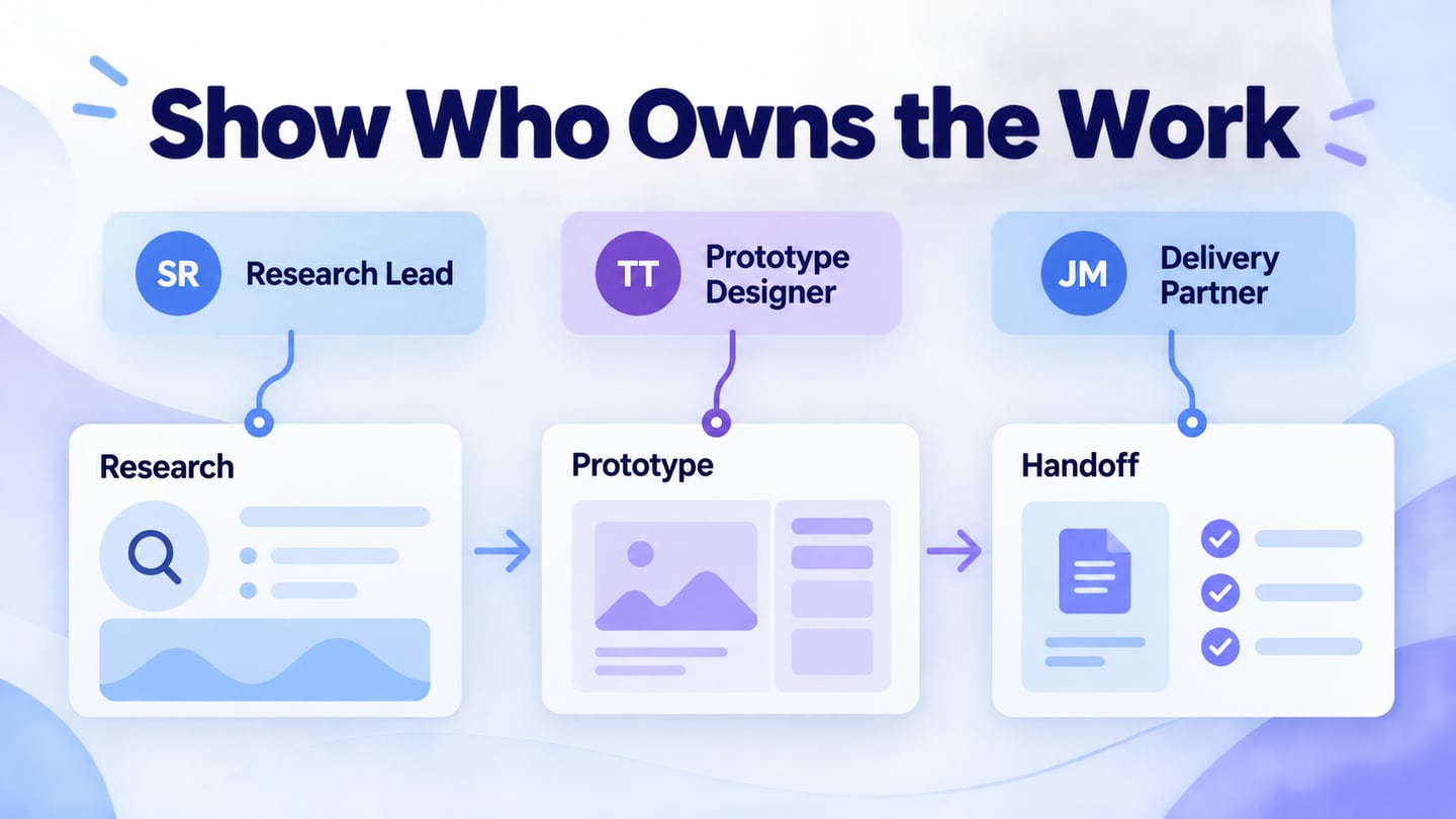 A team page connects three project roles with their responsibilities and an inquiry route