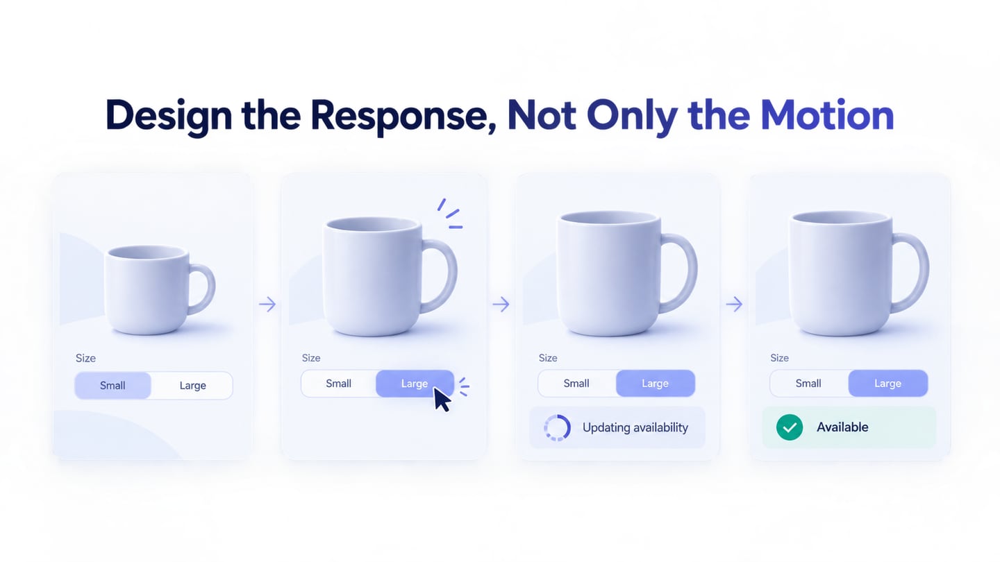 Product-option interaction moves through selection, pending feedback, and a clear availability result.