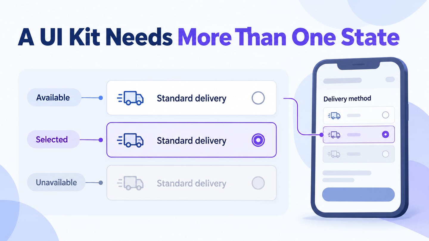 Delivery-option component specimens show available, selected and unavailable states with usage notes.