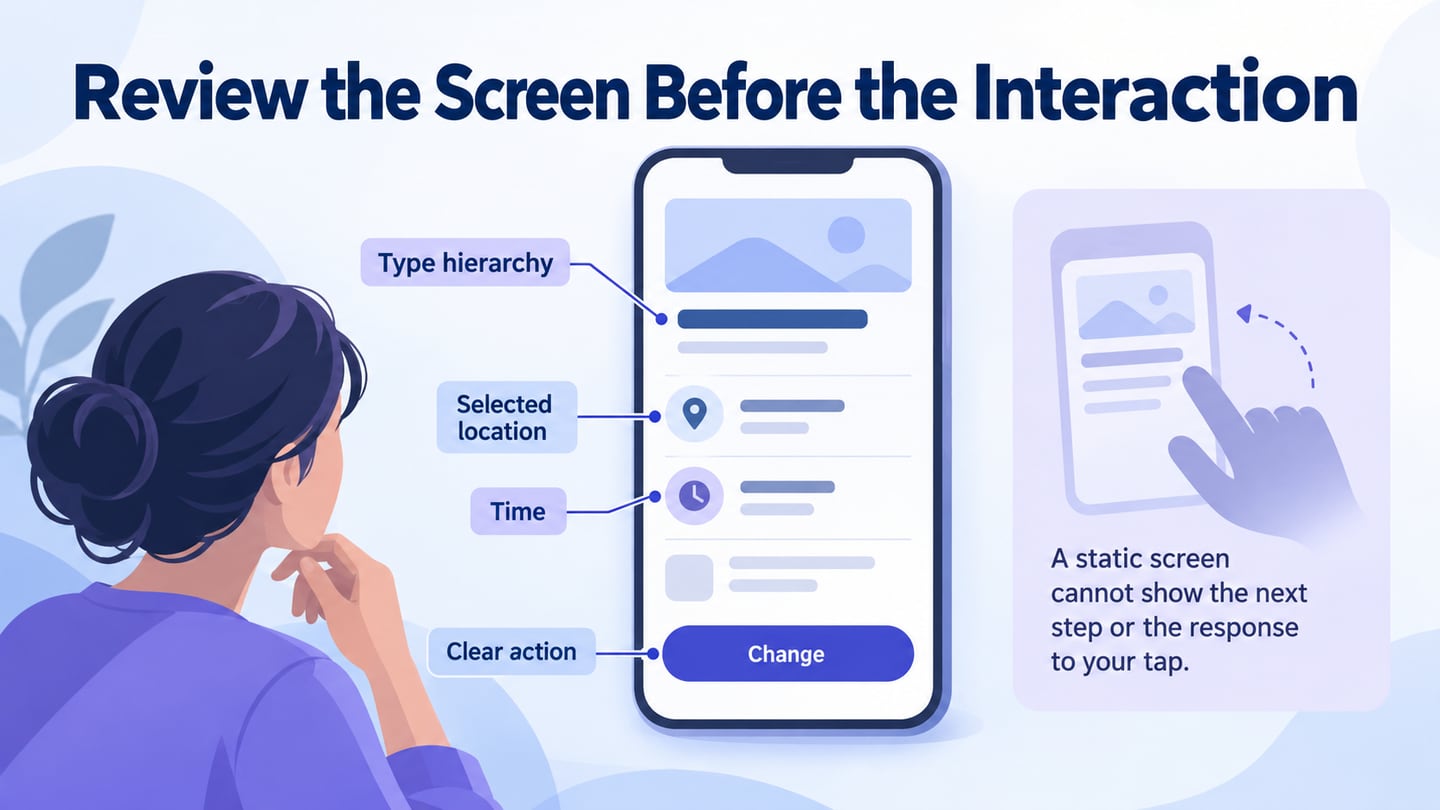 A detailed appointment mockup separates visual design decisions from behaviour that still needs a prototype.