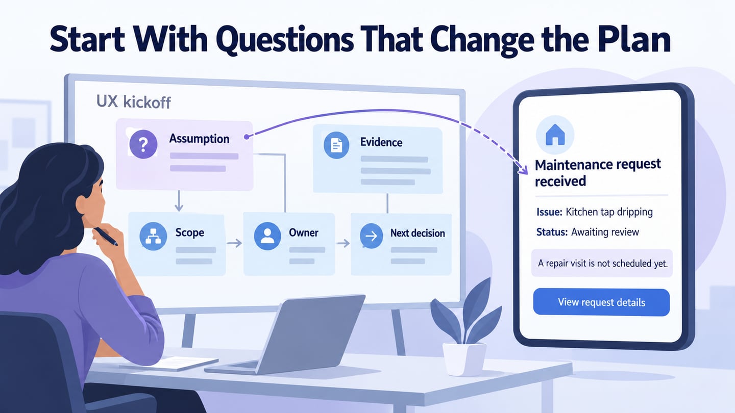 UX kickoff questions connect evidence and ownership to an honest maintenance-request status screen.