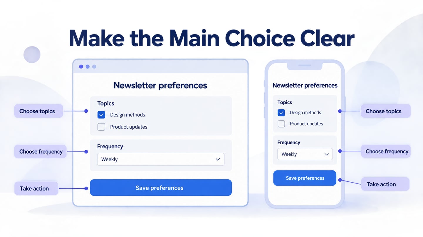 A newsletter-preference layout keeps topics, frequency and the save action clear across screen widths.