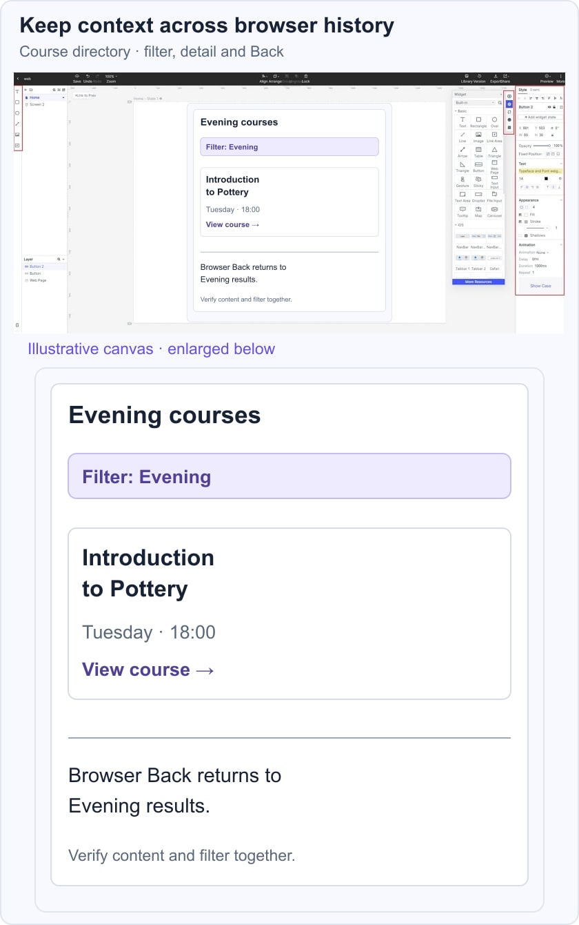 Illustrative course-directory prototype in a Mockitt guide workspace shows the Evening filter, a pottery-course result and the expected return-to-results behaviour.