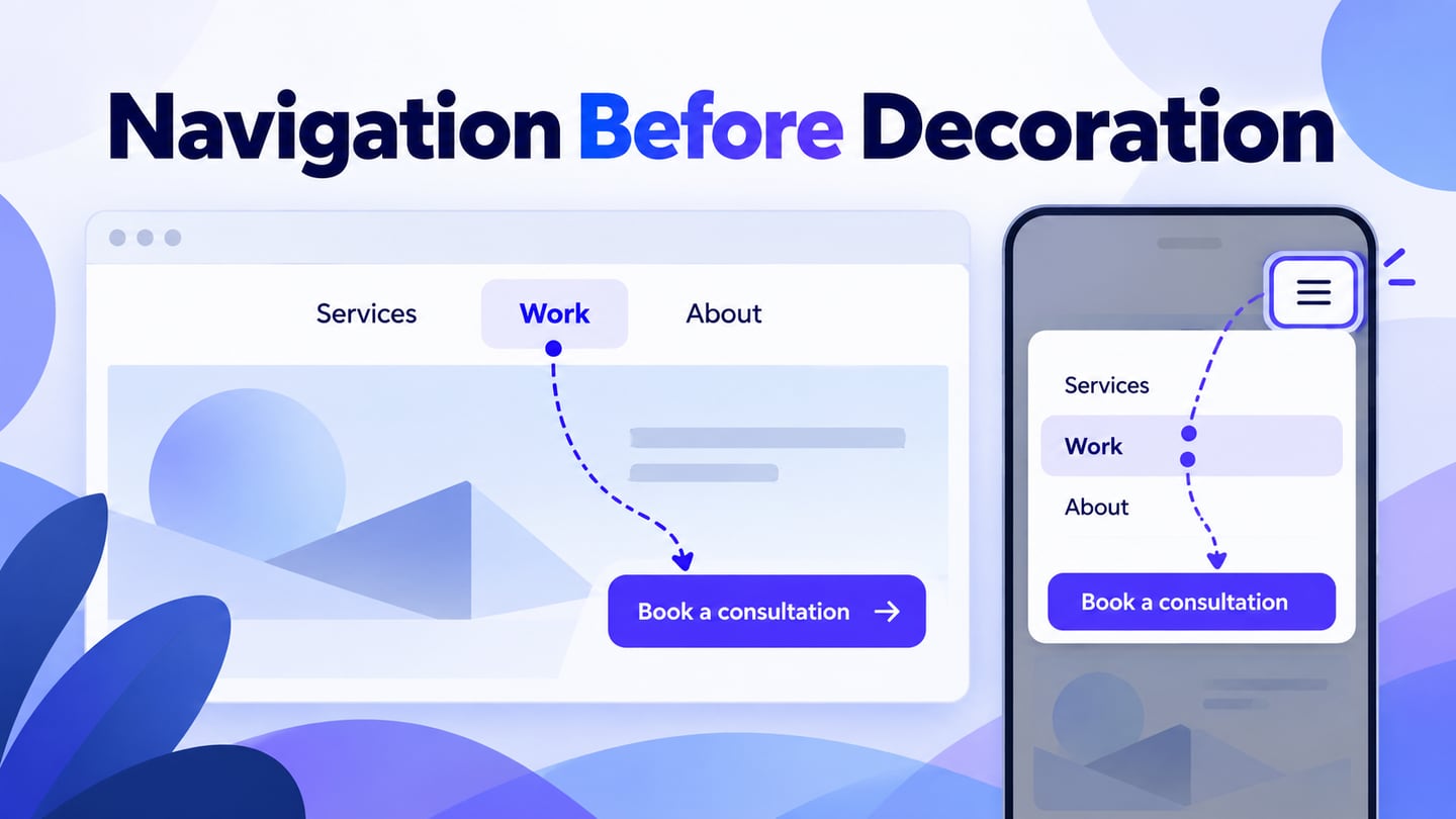Desktop and mobile website headers with consistent navigation tasks