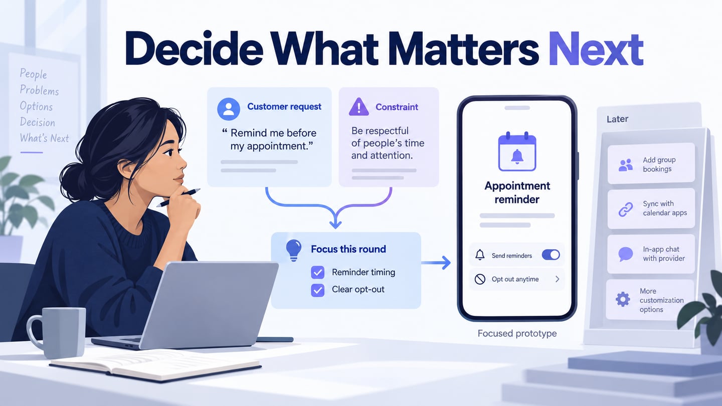 Product-management decision scene connecting a reminder request and constraints to a focused appointment-reminder screen.