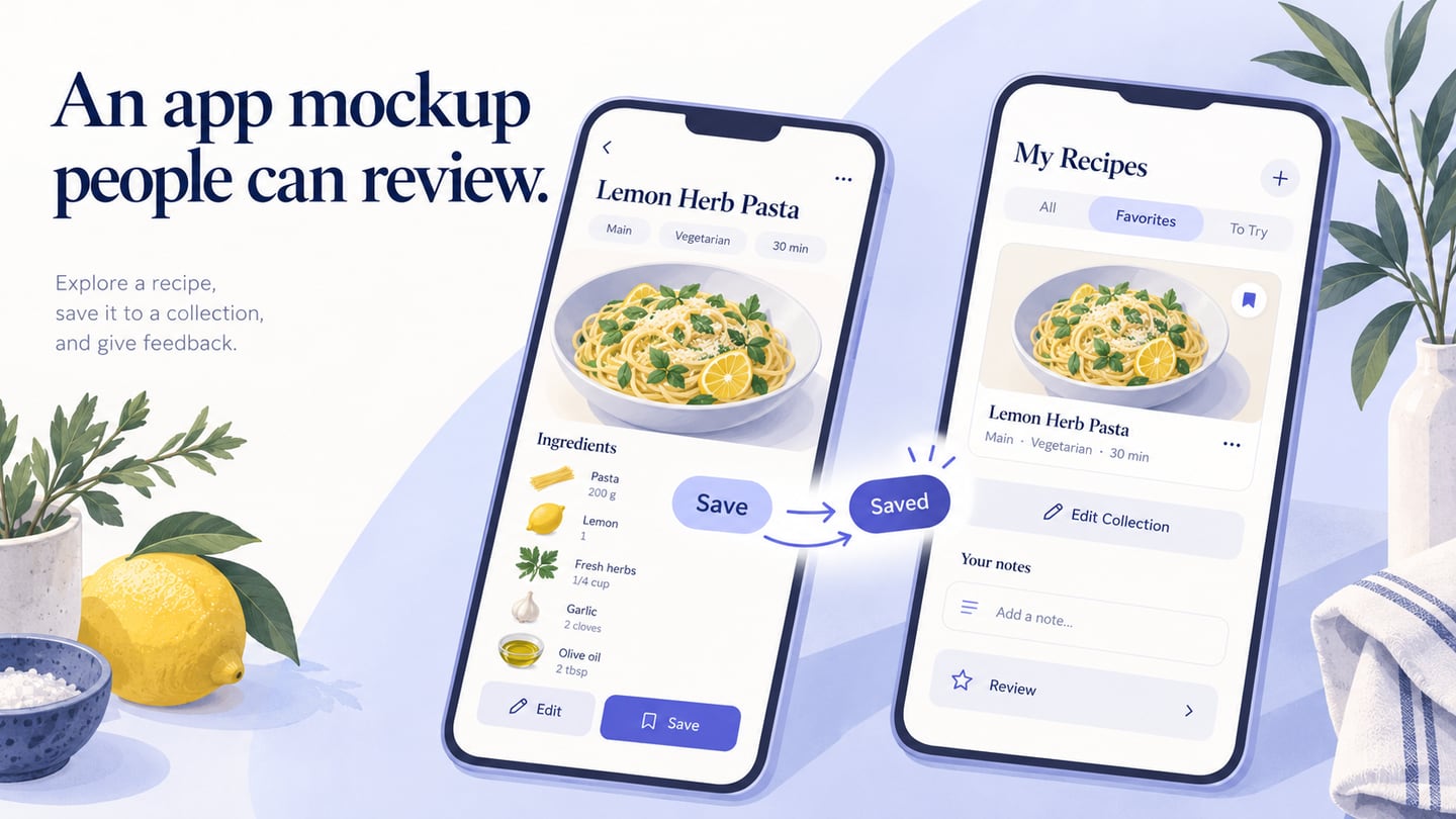 A recipe-detail mockup connects a save action to its result in a collection.