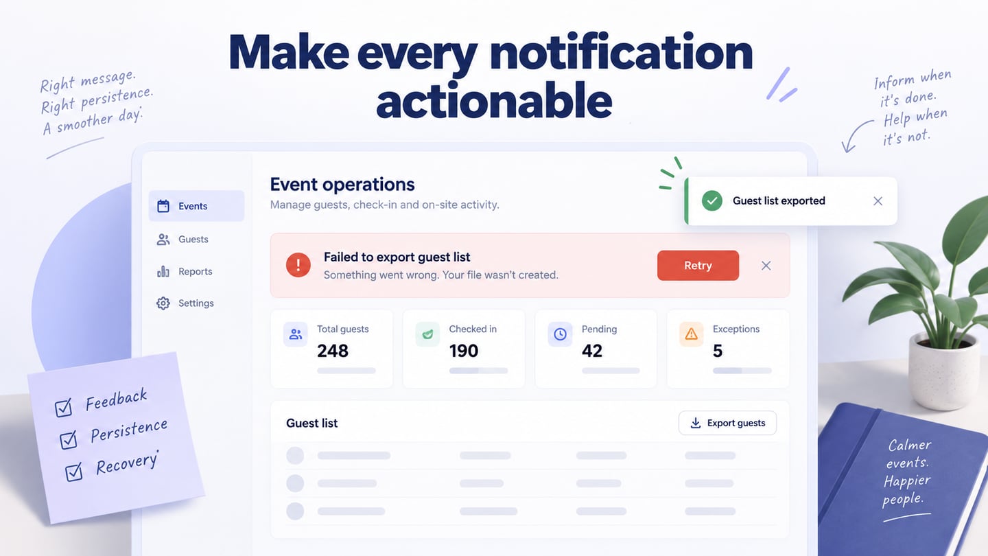 Make every notification actionable. One calm event-operations dashboard with a failed guest-list export banner and adjacent quiet success toast.