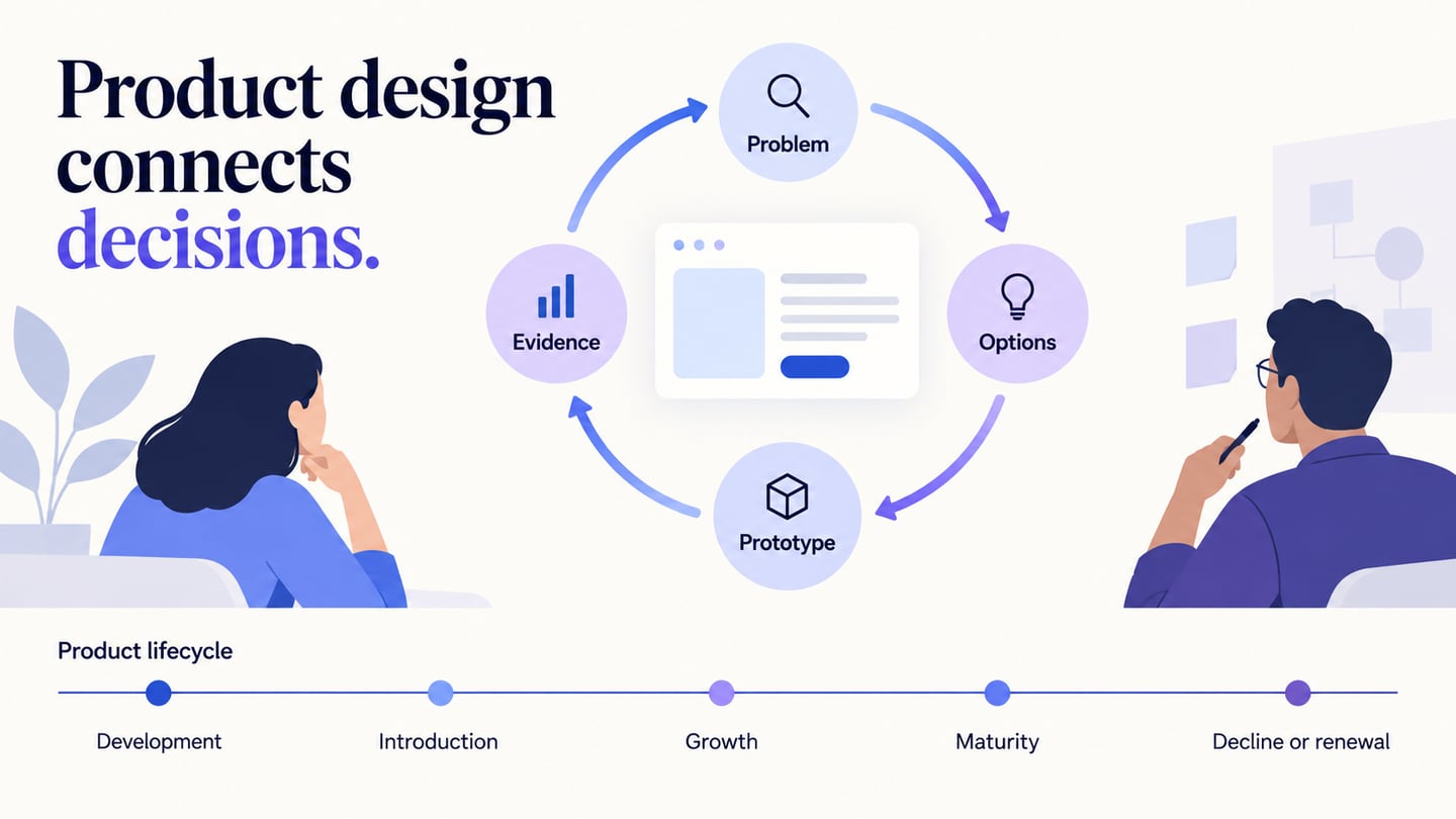 Product design connects a user problem, design alternatives and a testable decision.