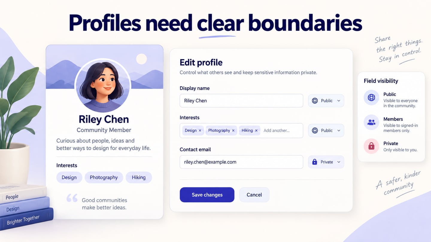 Profiles need clear boundaries. A fictional community member card on left and editable profile panel on right.