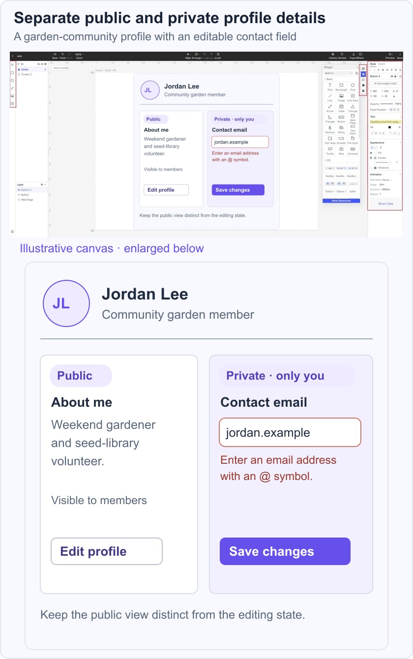 Illustrative public profile and private contact-email editing state for Jordan Lee
