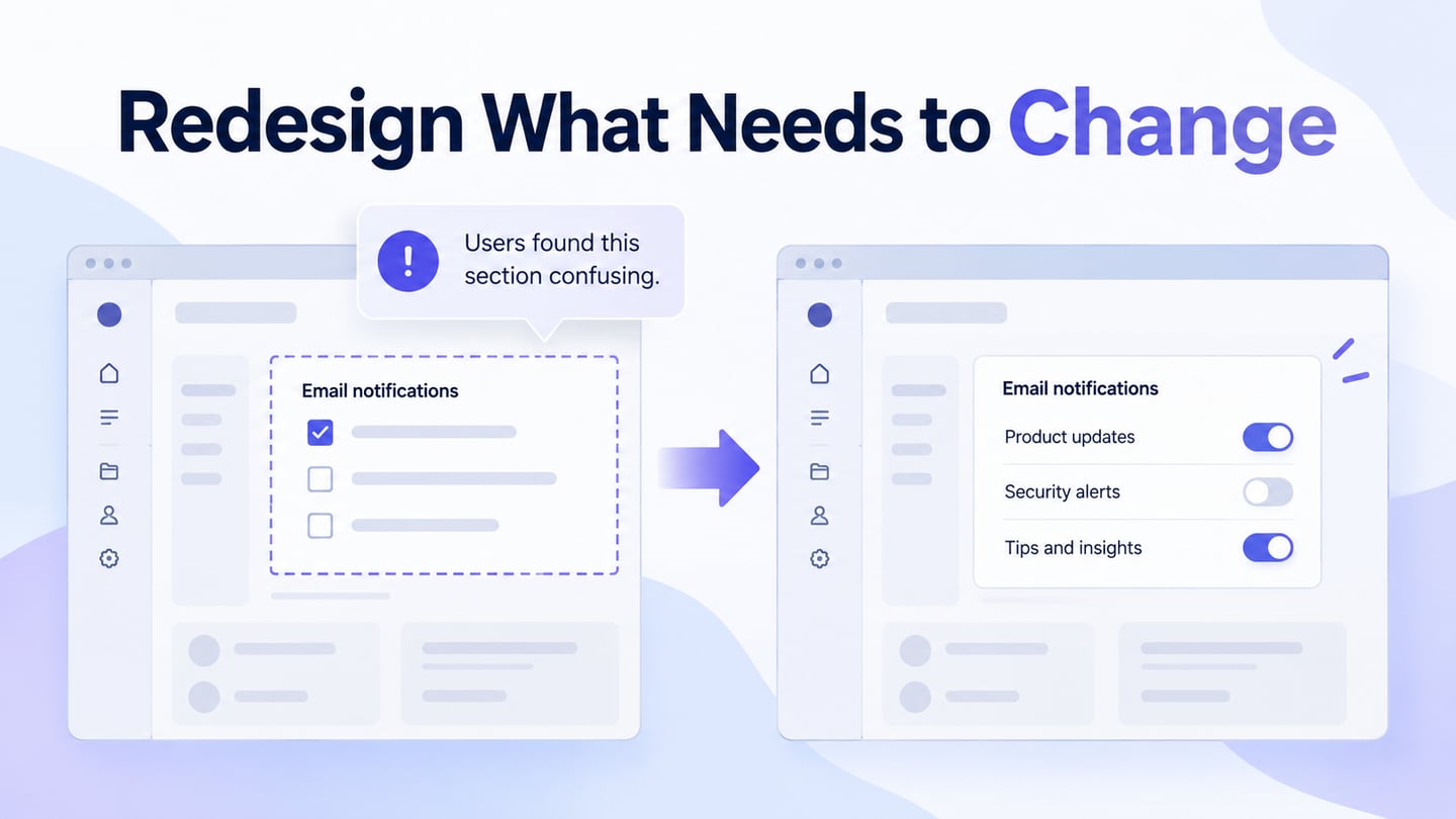 An interface redesign separates evidence-backed changes from elements worth preserving.