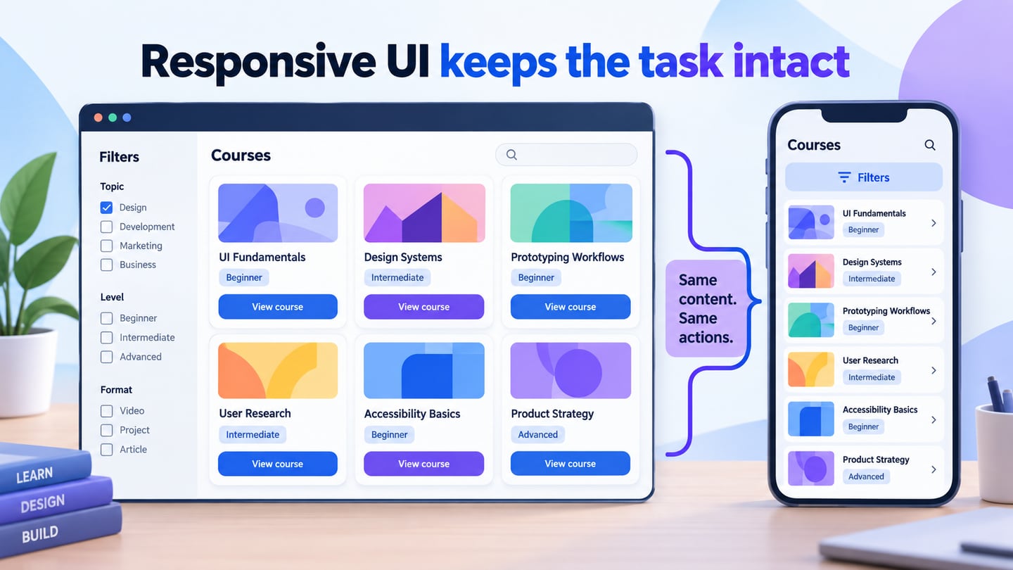 Course cards adapted to desktop and mobile while retaining their content and actions.