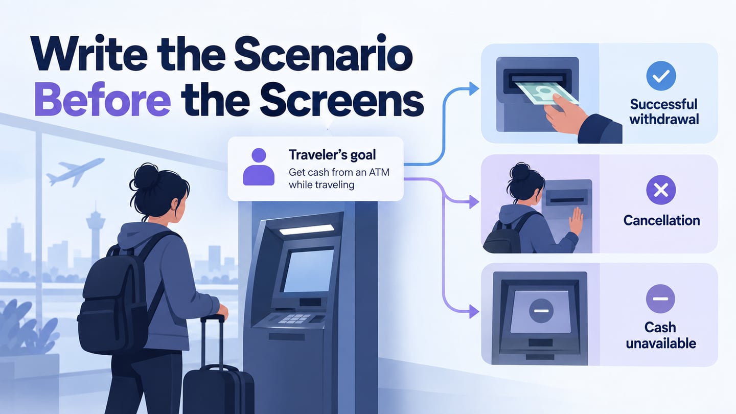 A traveler scenario maps successful withdrawal, cancellation and unavailable cash.