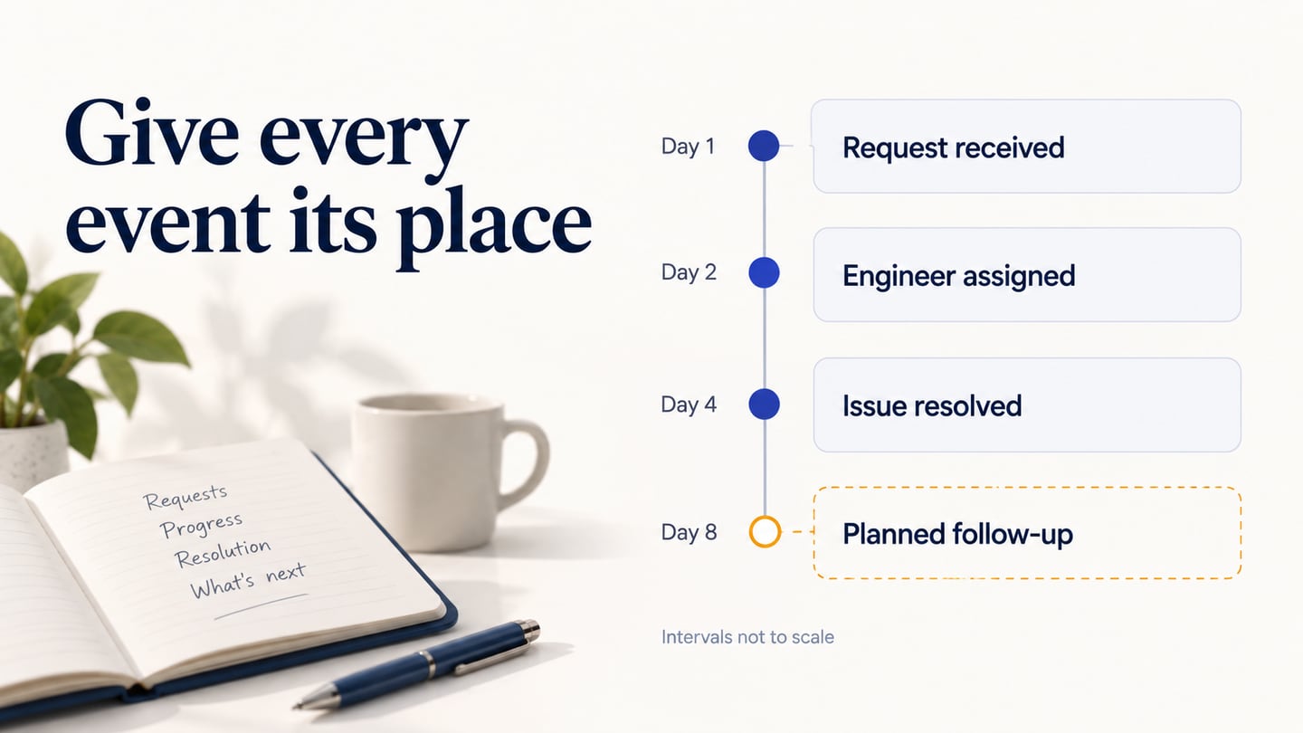Give every event its place. A service request history drawn as a clear vertical rail with four dated event cards.