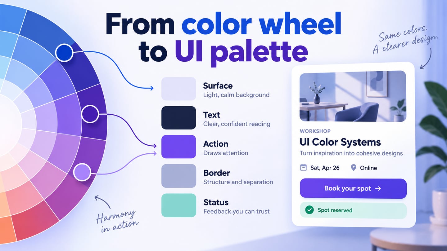 A color wheel connects to semantic color roles and workshop-booking cards.