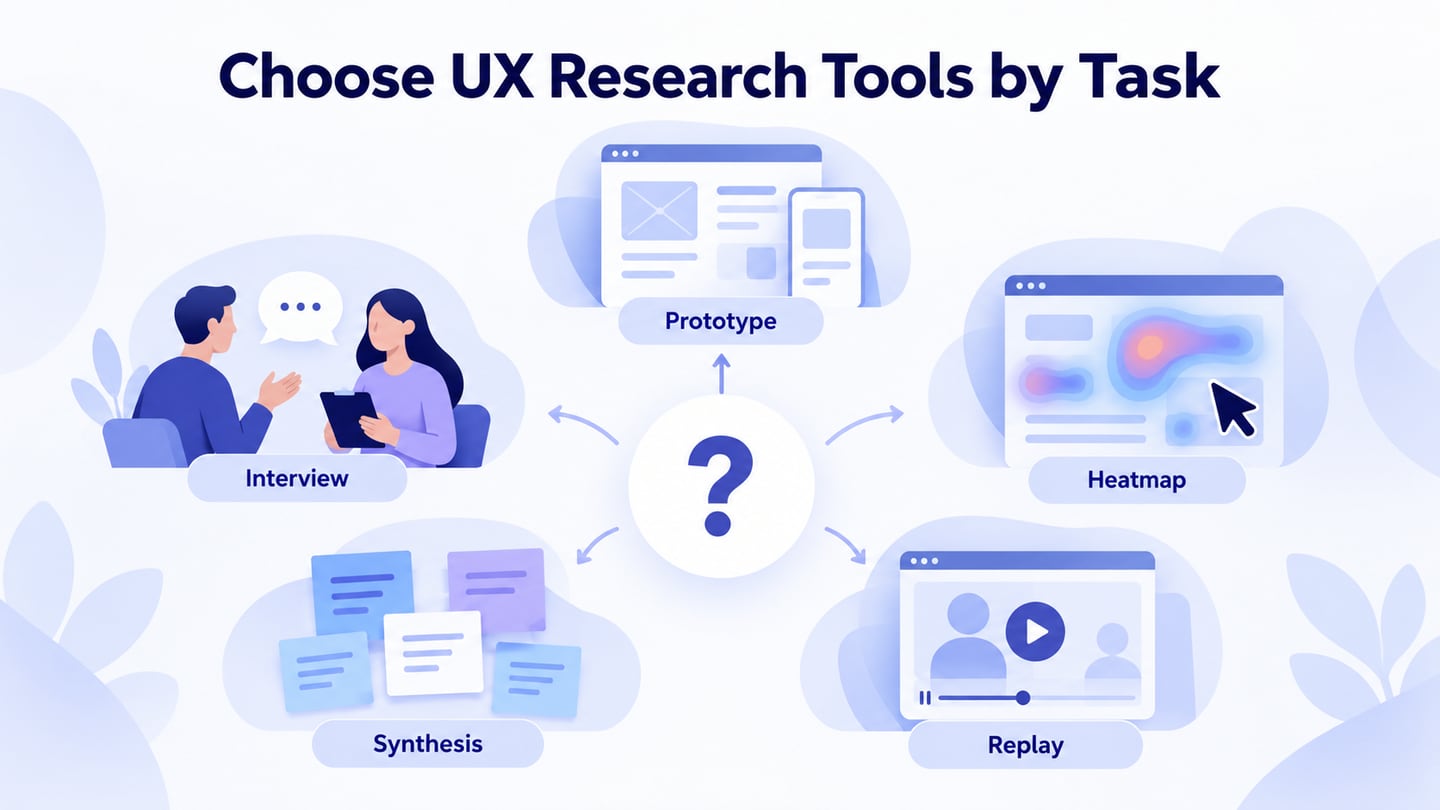 Choose UX Research Tools by Task. Five distinct evidence stations arranged around a single research question: prototype, interview, synthesis, heatmap and replay.