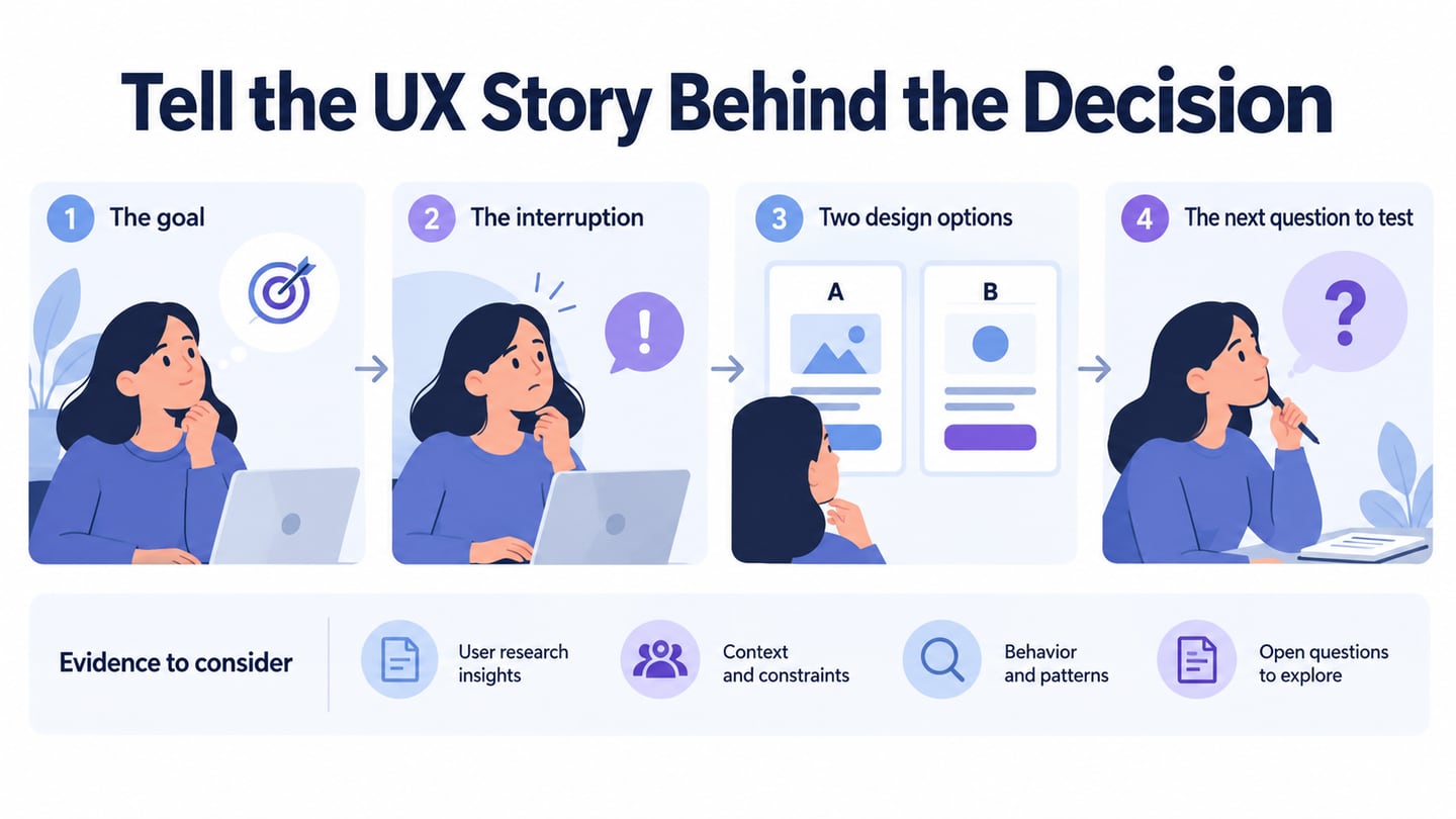 A UX story connects user context, evidence and a clear design decision.