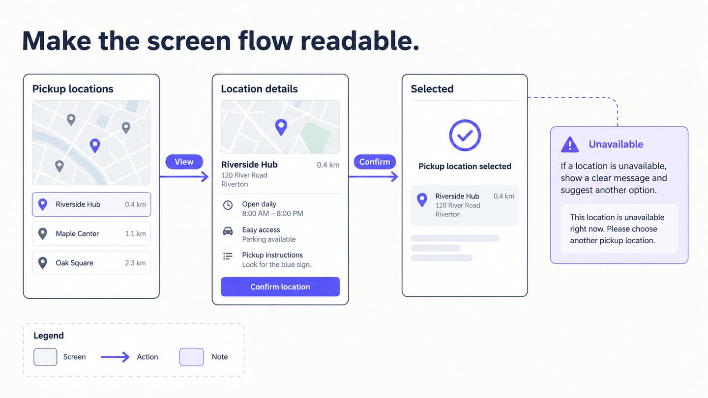 Wireframe screens are connected by labeled actions and alternate paths.