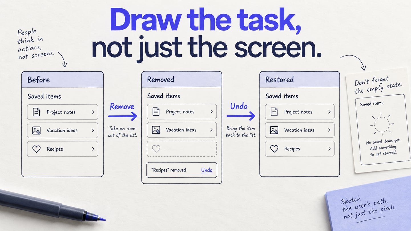 Hand-drawn wireframe screens develop around one task and its decisions.