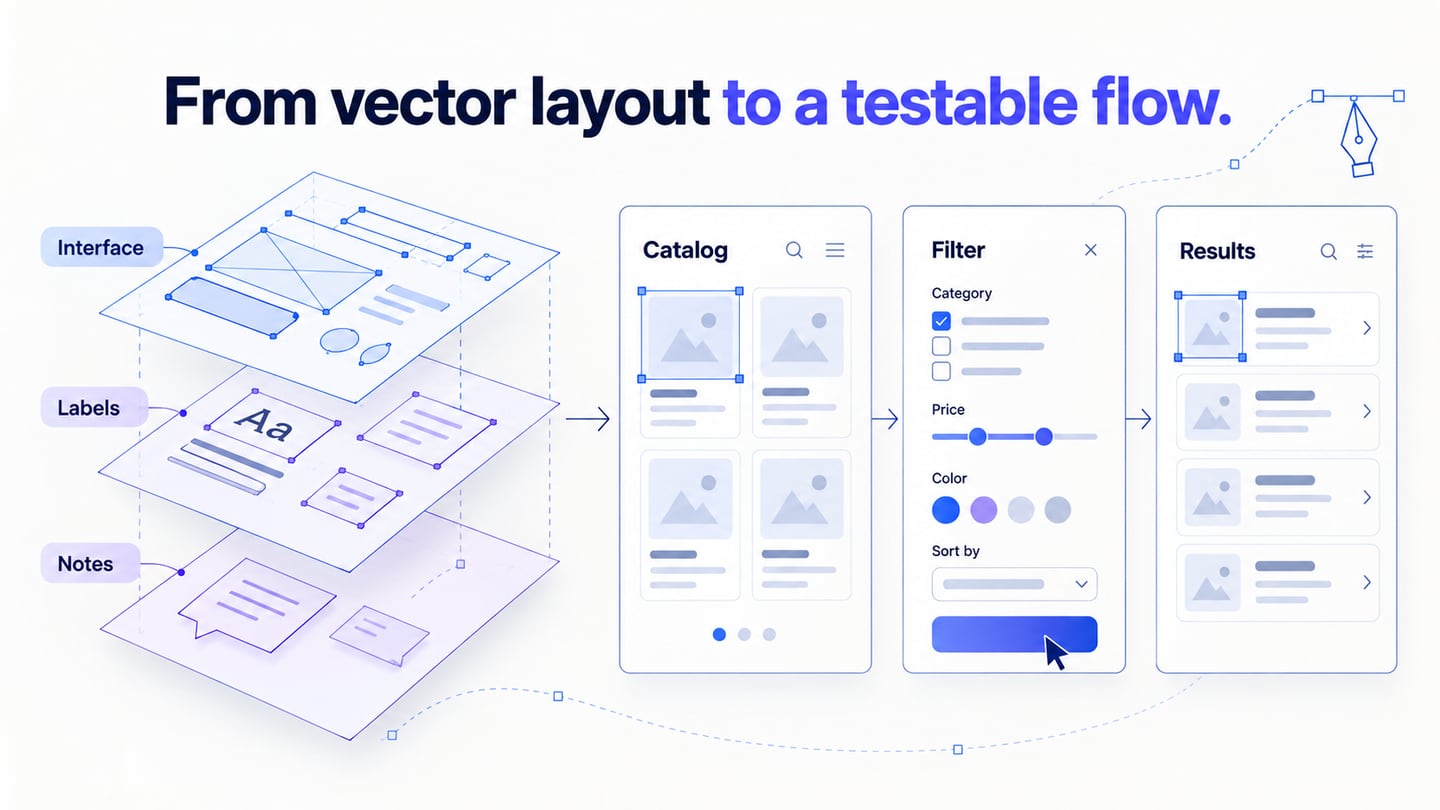 Vector wireframe layouts connect into a screen flow ready for prototype review.