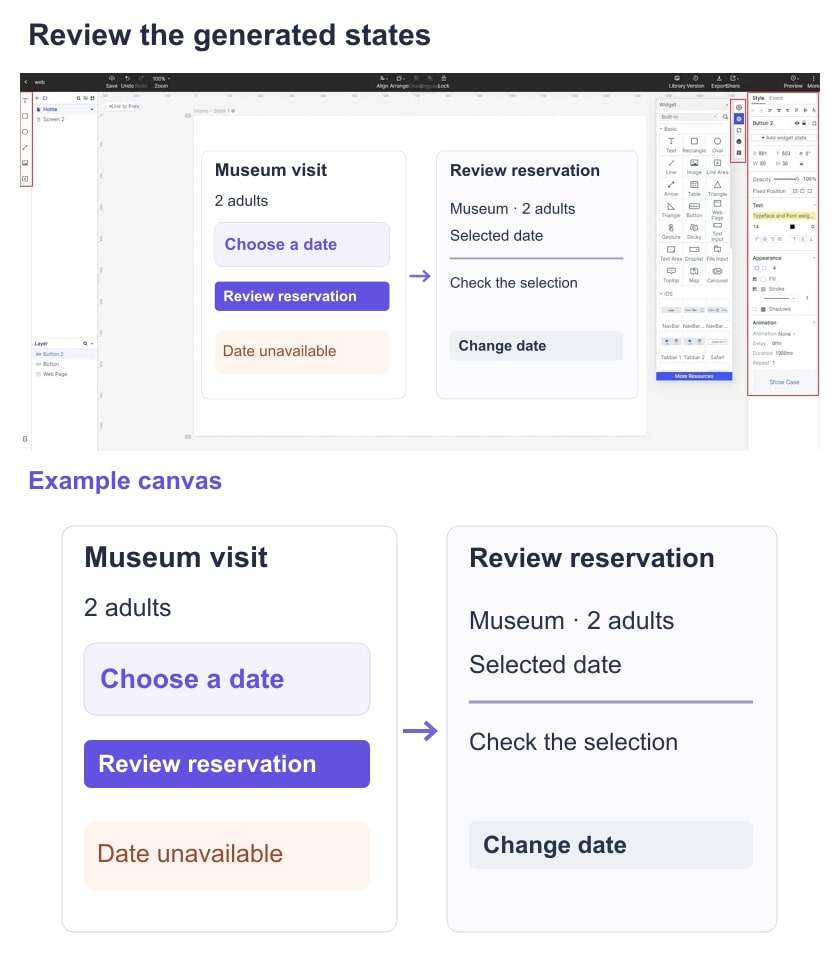 Museum date-selection and reservation-review example composed within Mockitt guide editor controls.