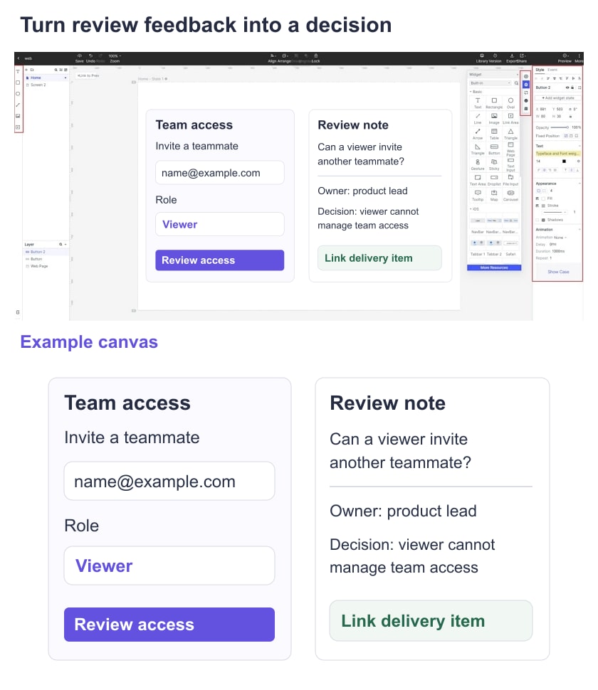 Mockitt team-access example showing a viewer-role selector and a review note linked to a decision owner and delivery item.