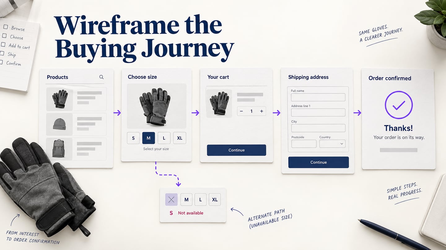 A gloves-shopping journey moves from product and size selection to cart and address review, including recovery paths.