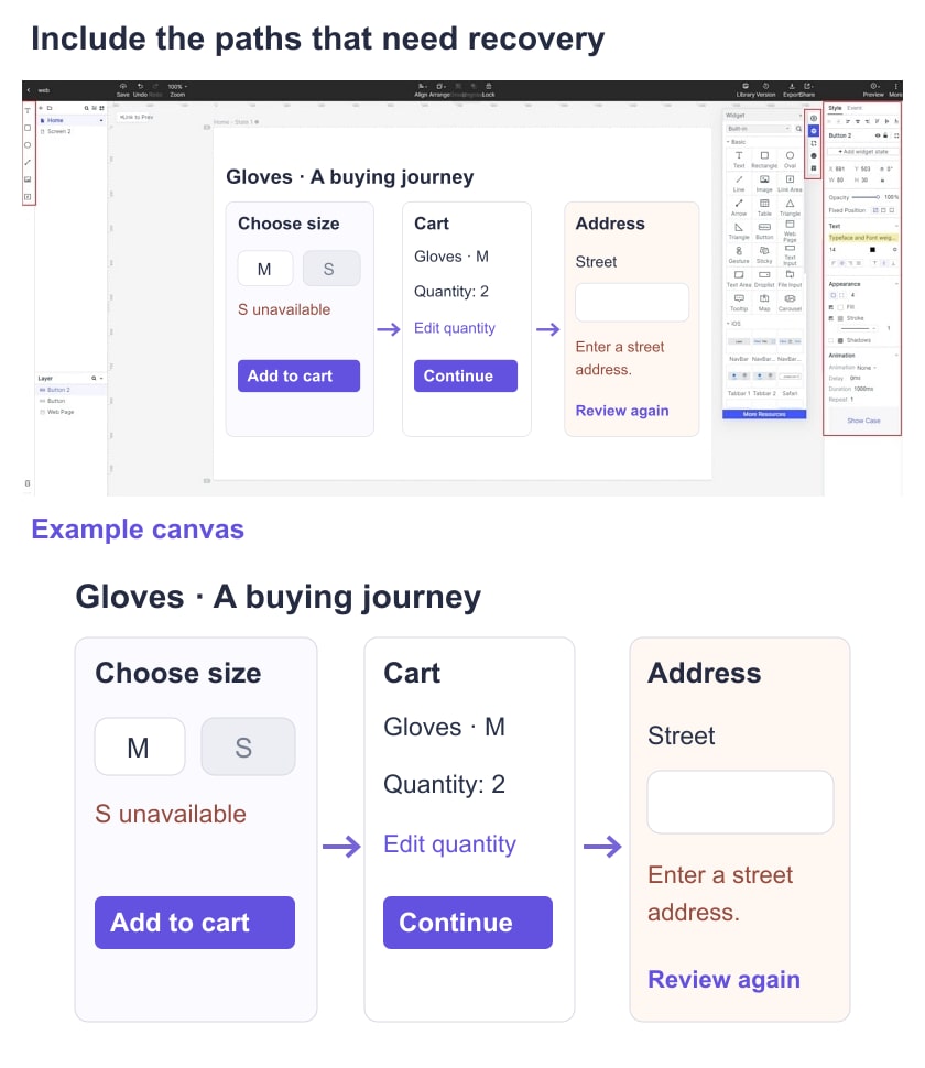 Mockitt ecommerce wireframe example for gloves, covering unavailable size, cart quantity changes and address validation.