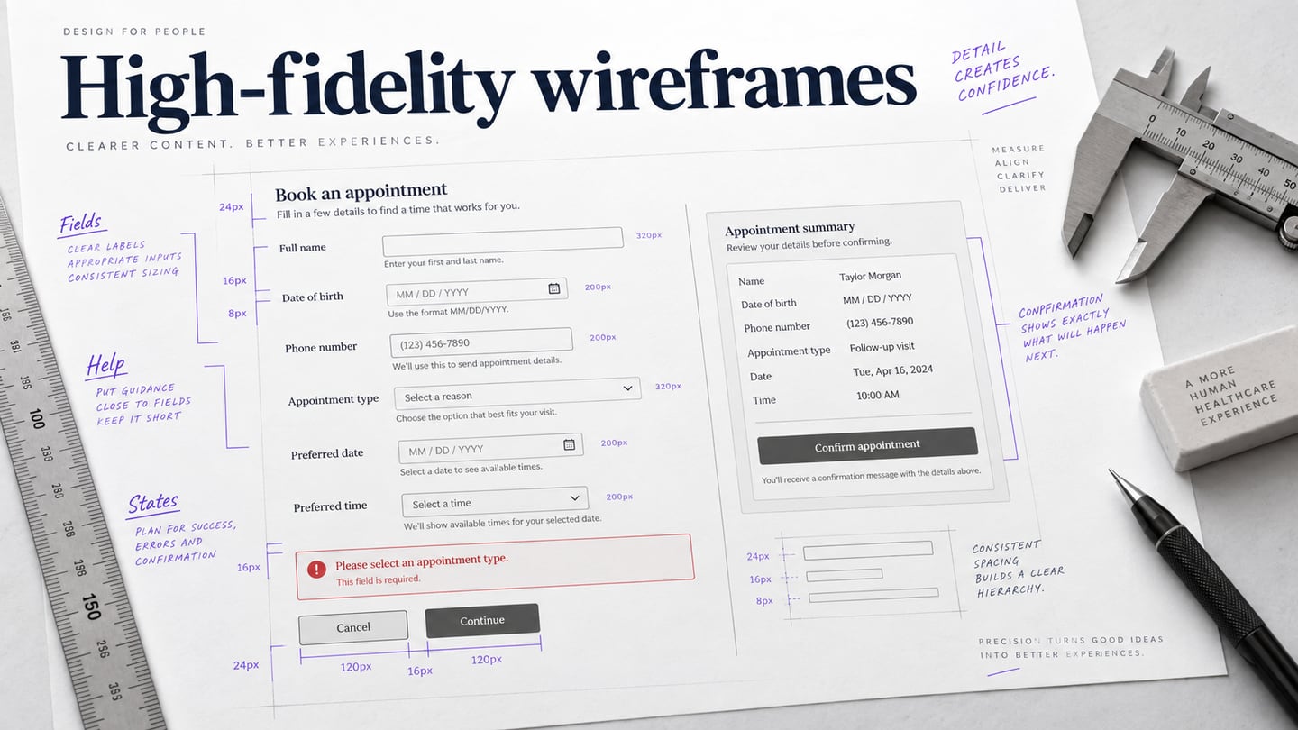 Annotated grayscale appointment form with field spacing, help text and an error state.