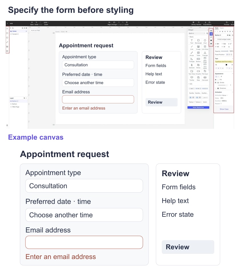 Detailed grayscale appointment-request wireframe with field labels, time selection and email-error placement in Mockitt guide controls.