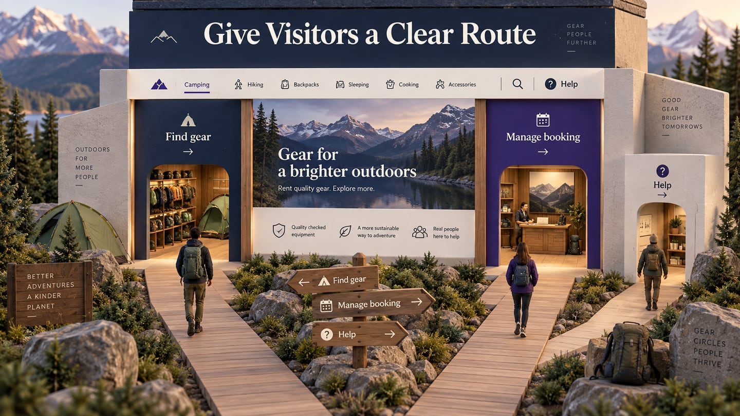 An outdoor-rental homepage offers distinct routes to find equipment, manage a booking and get help.