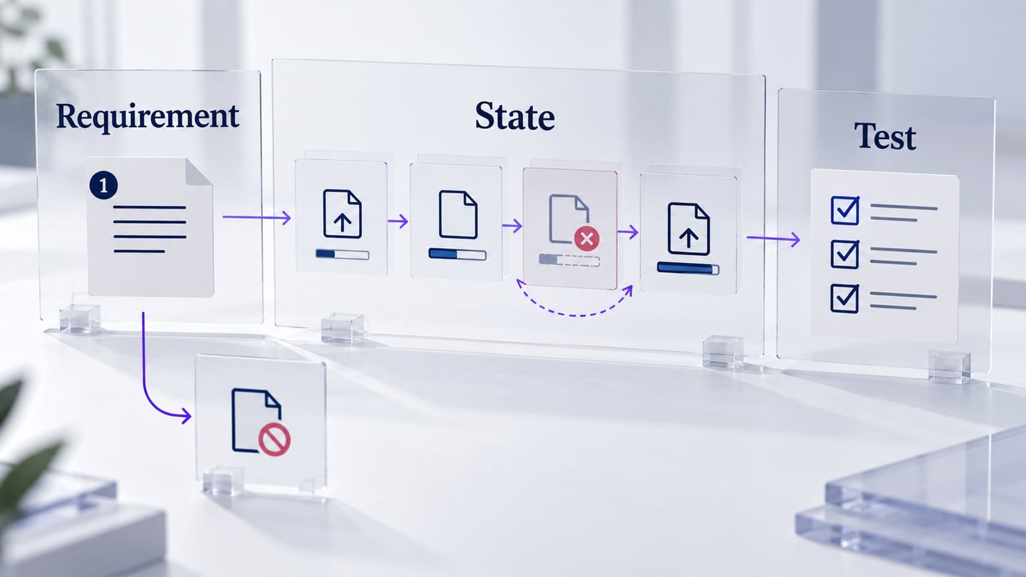 Requirements connect to interface states and test conditions.
