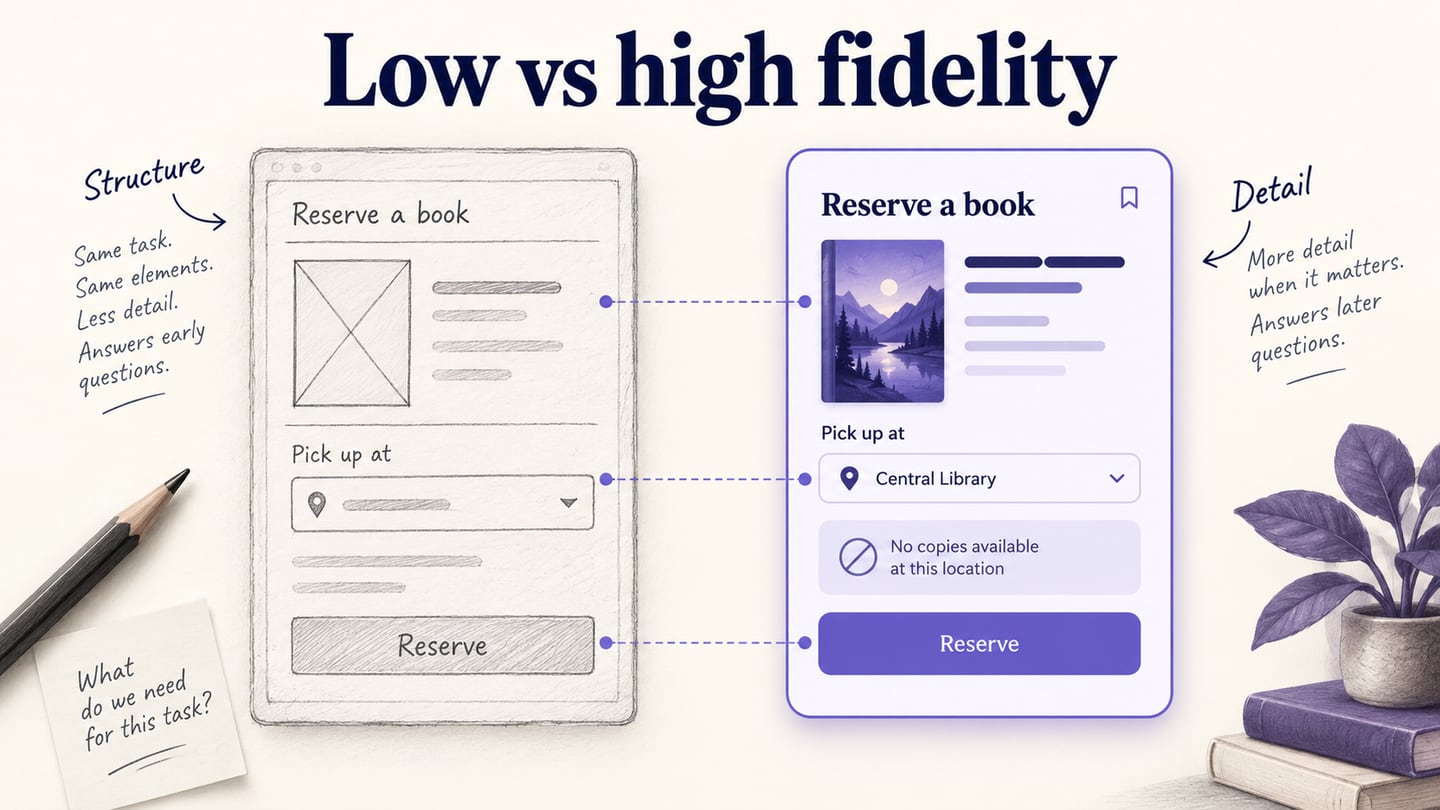 Rough and refined library reservation screens compared side by side.