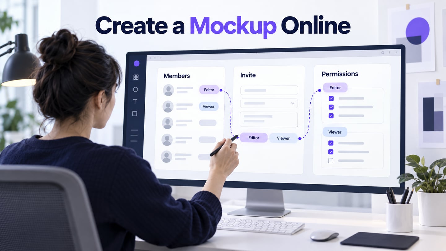 Team-member list, invitation form and permission-preview mockups connected by reusable role badges.