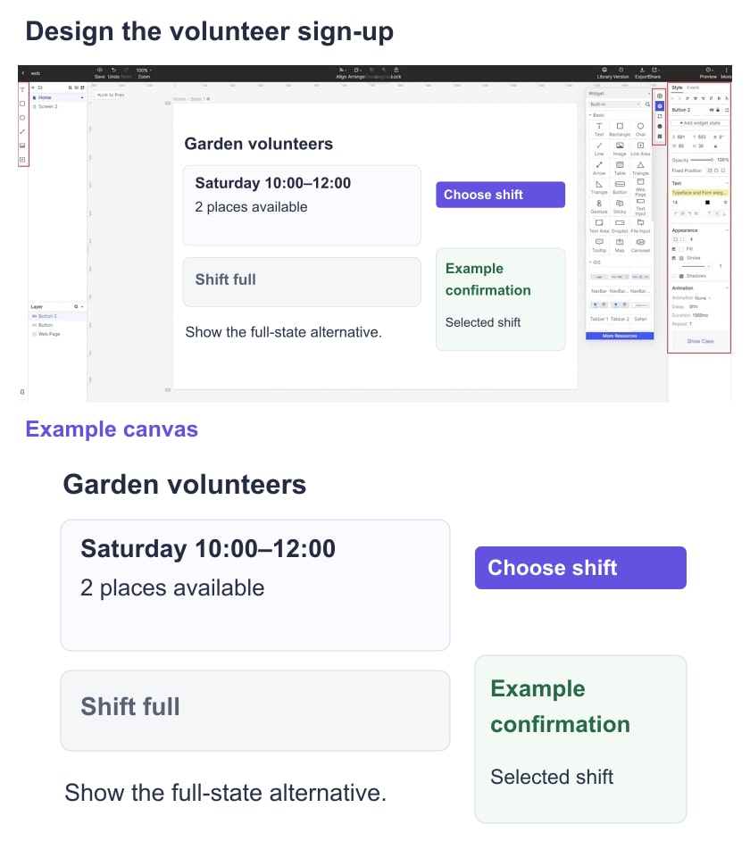 Mockitt guide editor with a volunteer shift selection, a full-shift alternative and an example confirmation.