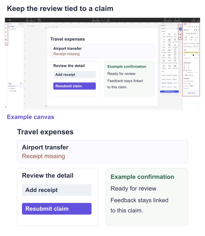 Travel-expense review example in the Mockitt guide editor, with a missing receipt and resubmission state.