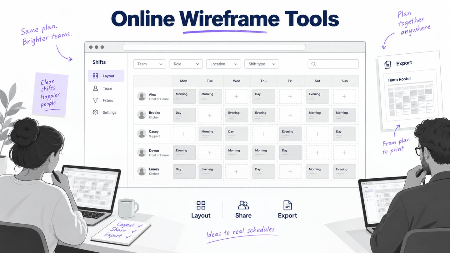 Browser-based shift-roster wireframe reviewed by collaborators with a separate export preview.