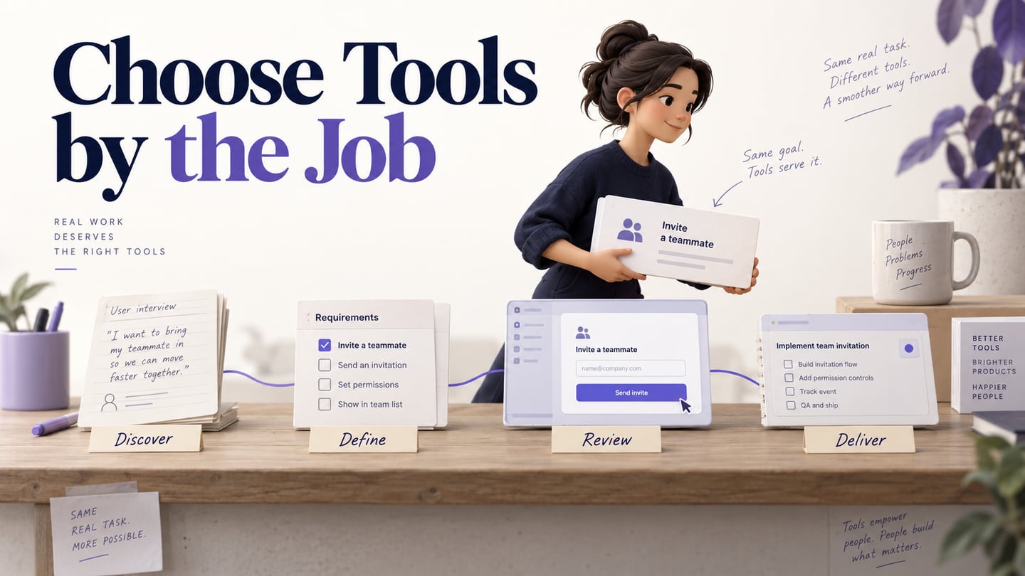 One product feature moves through discovery notes, requirements, prototype review and delivery planning.