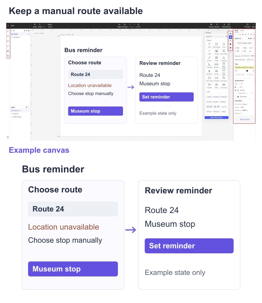 Bus-reminder example with manual stop selection and a reminder review state composed in the Mockitt guide editor.